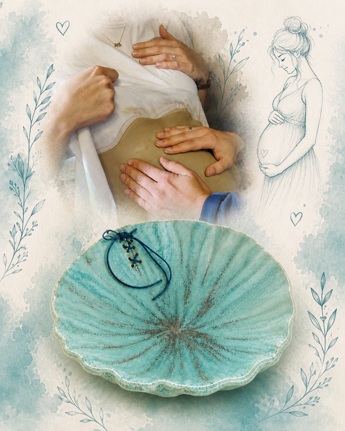 babybauchschale-collage Babybauchschale in Mintgrün mit blauem Lederband